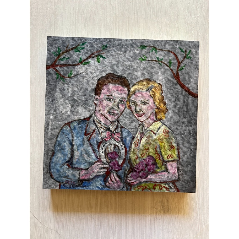 The Lucky Couple - Original Painting on Wood Panel Art‎ Square 6x6 Retro Love